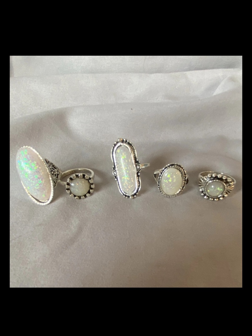 Lot of 5 Silver Toned Opal Oval Statement Ring - White Opalescent